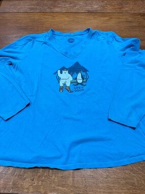 Life Is Good Turquoise V-Neck Tee with Camping Bear Graphic Sz XXXL